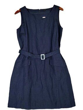 Ann Taylor Dress Womens 6 Navy Linen Blend Belted Square Neckline Minimalist NWT